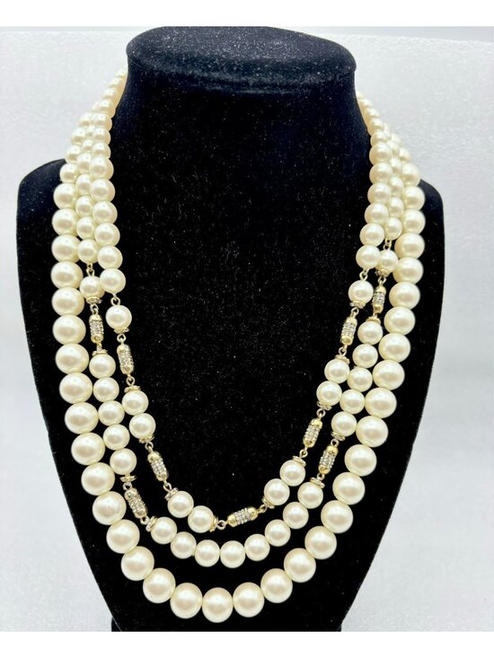 Ann Taylor Jewelry - 90s Ann Taylor 3-strand Pearl Necklace-Gold Tone Rhinestone Spacer Signed